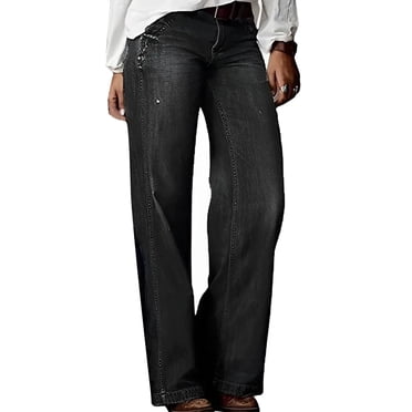 Weiqiqre Pantalon Décontracté pour Femmes Grande Taille à Taille Élastique, Taille Basse, Jambe Droite, Jambe Grand, Jeans Amples pour Femmes, Extensible, Style Boyfriend, Pantalon en Denim Évasé avec Papillon