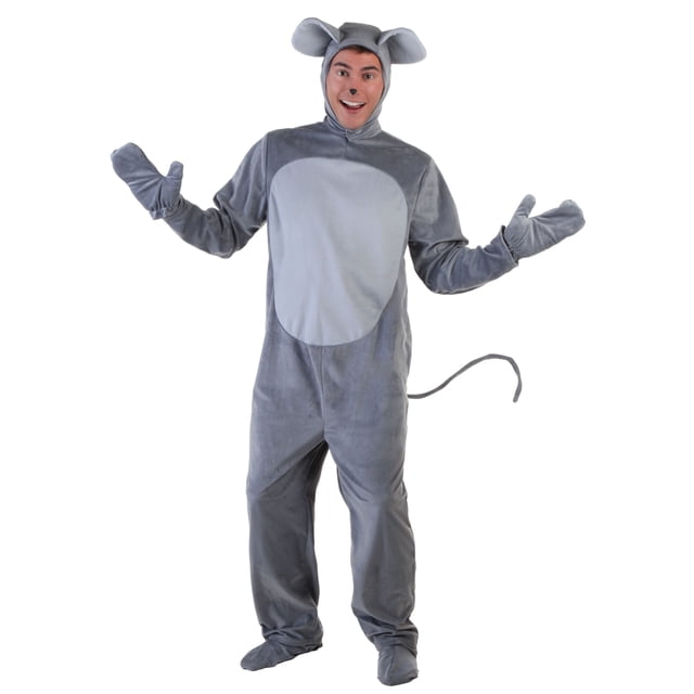 Plus Size Mouse Costume Adult Merry Mouse Costume Plus Size, a grey microfleece jumpsuit with a pale grey belly, bendable tail, attached mitts, hood with large mouse ears, and matching shoe covers. Ideal as a plus size Halloween costume, it secures with a zipper and hook-and-loop fasteners for comfort and ease.