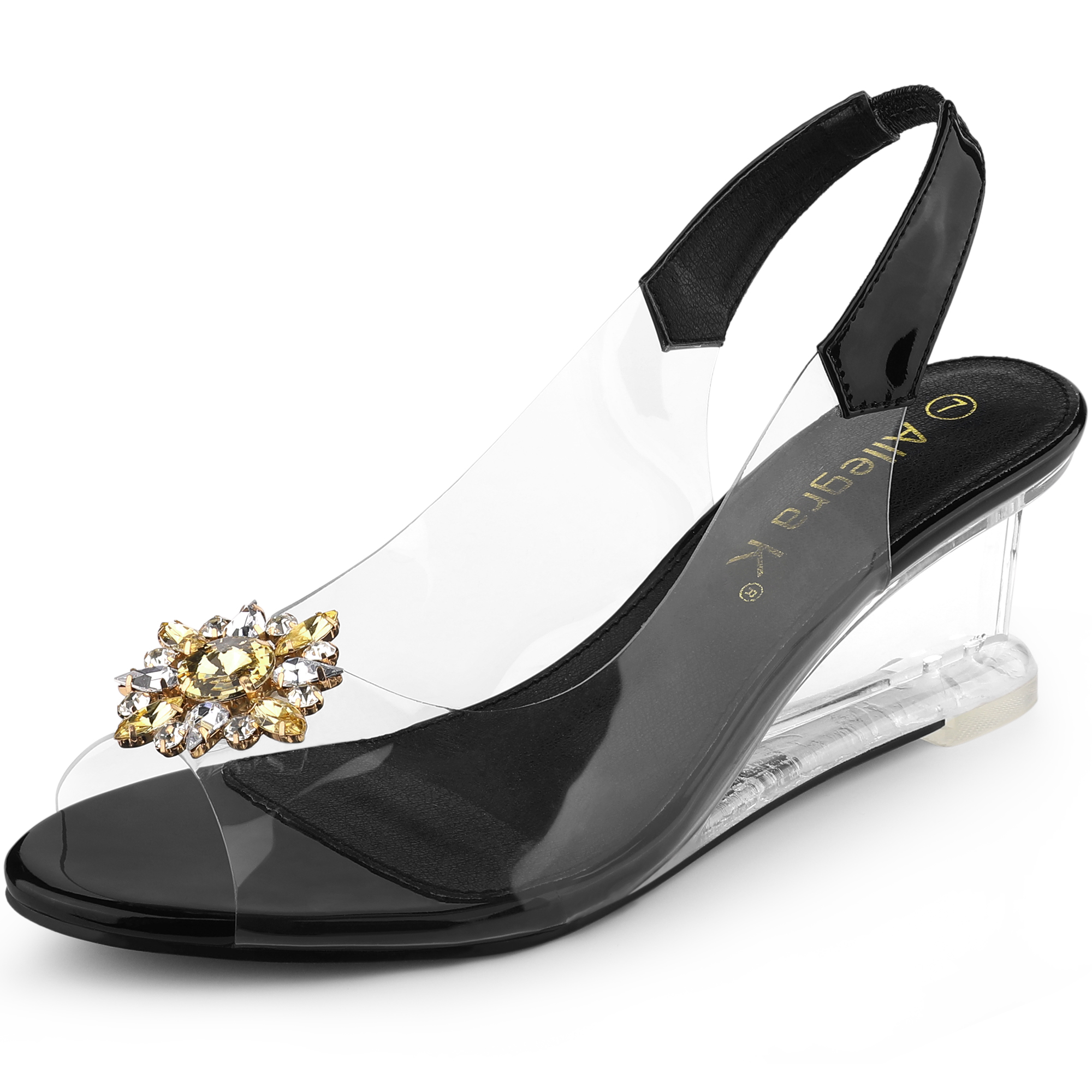 BLISSFUL STEP Chaussures pour Femmes Talons Compensés Transparents à Strass Bout Ouvert Slingback Chaussures Transparentes Noir 7