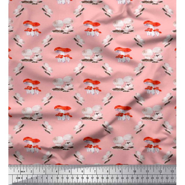 Soimoi Pink Poly Georgette Fabric Mushroom Vegetable Printed Fabric 1 Yard 42 Inch Wide