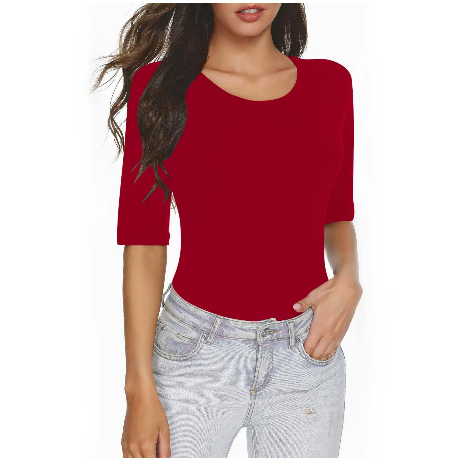 AherBiu T-Shirts pour Femmes Couleur Unie Manches 1/2 Col Rond Été Ajusté Serré Extensible Confortable Hauts Basiques T-Shirts