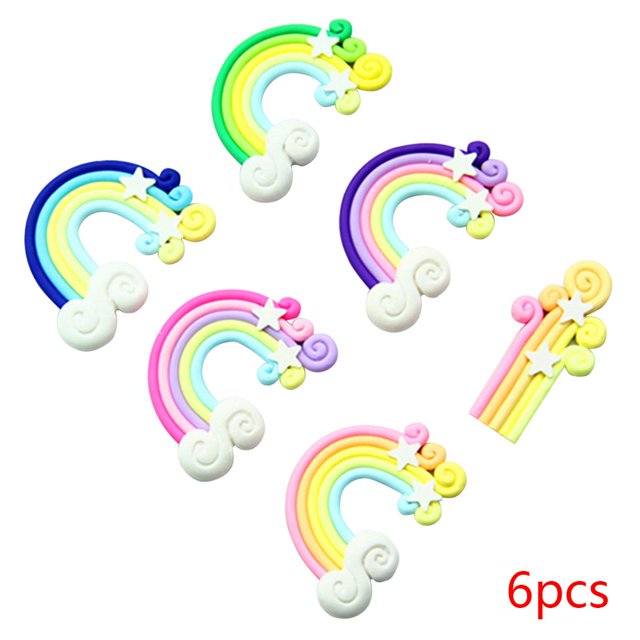 6pcs Rainbow Decoration Candy Color Decoration Nail Stars Clouds Sticker Decoration Soft Pottery Rainbow DIY