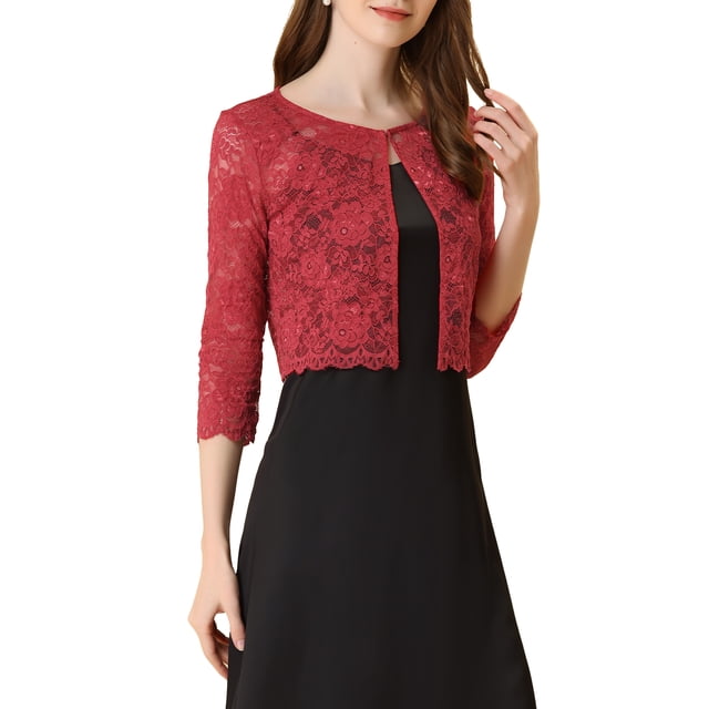 INSPIRE CHIC Cardigan pour Femme Ouvert Manches 3/4 Transparent en Dentelle Florale Boléro Court Haut S Rouge
