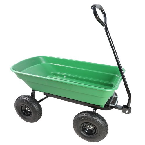 Folding Garden Cart with a 300 lb capacity, featuring a durable green plastic body and a sturdy black steel frame. Equipped with 10-inch pneumatic turf tires for navigating various terrains and a soft sponge hand-holder for comfortable pulling. Designed for gardening and home improvement tasks, it can carry up to 220 lbs on a flat platform and dump up to 176 lbs of materials like sand or gravel.