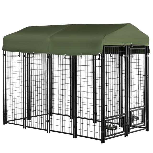 PawHut Chien d'Extérieur Kennel Vert, Mesurant 8 Pi x 4 Pi x 6 Pi. Comprend un Cadre en Acier Résistant à la Rouille avec une Porte Verrouillable, un Couvercle en Tissu Oxford durable et un Intérieur Spacieux. Comprend Deux Supports de Bols Rotatifs avec des Bols pour une Alimentation Pratique. Convient à une Utilisation Extérieure Ou Intérieure.