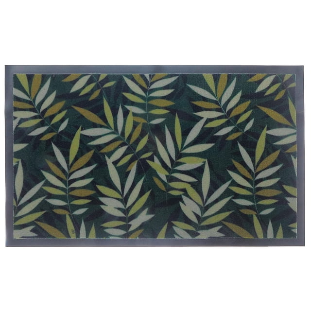 Printed PVC Mat scattered leaves green 18"x30" rectangular floor mat with a vibrant scattered leaf pattern in green, yellow, and white on dark green, made of waterproof, non-slip PVC, ideal for kitchen or bathroom floor protection and easy cleaning.