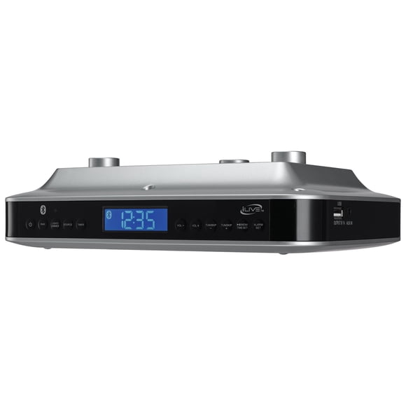 iLive Under Cabinet Music System with Built in Stereo Speakers and FM Radio/USB Port Supports MP3 Files, Aux Port, Bluetooth, Clock and Timer with LC