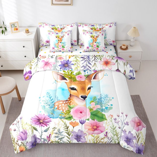YST Ensemble de Literie 7 Pcs Cerf Mignon, Grand, Roses Roses, Thème Animal, Fleurs Colorées, Décoration de Fleurs d'Élan Aquarelle