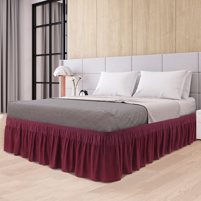 PiccoCasa Polyester Brushed Bed Skirt with Elastic Dust Ruffles 16" Drop, Queen Burgundy