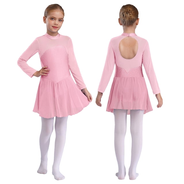 Linjinx Filles Enfants Justaucorps Robe de Danse Ballet à Manches Longues en Maille à Strass Assemblée Costume de Compétition de Patinage Artistique Rose 12