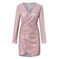 thumbnail image 3 of WTXUE Robe à Manches Longues, Robe Femme Paillettes Col en V Manches Longues Robe Ajustée Élégante Robe de Soirée pour Dames, Robe à Paillettes pour Femmes, Robe Rose pour Femmes, Rose 2TG, 3 of 7