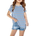 thumbnail image 1 of Penkiiy T-Shirts à Manches Courtes à Blocs de Couleur Rayés pour Filles, Col Rond Décontracté, Été, Mignons, Hauts Tee 4-13 Ans Bleu, 1 of 4