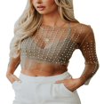 thumbnail image 1 of Women‘s Summer Sheer Mesh Tops Long Sleeve  Neck Rhinestone Slim Fit Crop Tops, 1 of 5