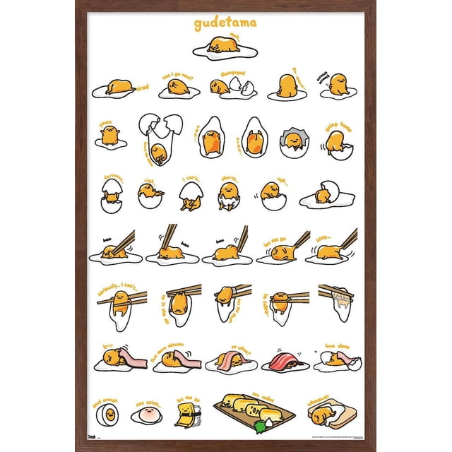 Gudetama - Grid Wall Poster, 14.725" x 22.375" framed poster featuring multiple small cartoon illustrations of the lazy egg character Gudetama in various poses and moods on a white background with a wooden frame, including scenes of Gudetama lying on egg whites, breaking out of eggshells, being held with chopsticks, wrapped in bacon, and resting on toast, with yellow handwritten captions, suitable for bedroom, dorm, or office wall décor.