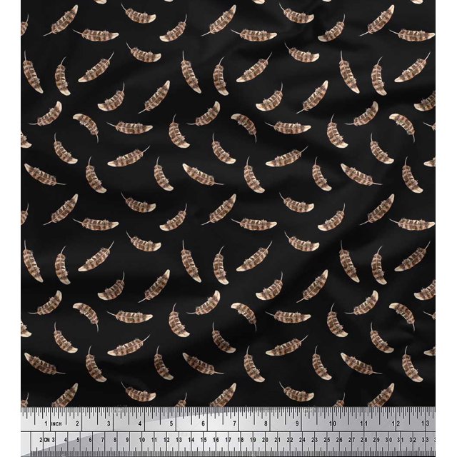 Soimoi Black Modal Satin Fabric Eagle Feather Printed Fabric 1 Yard 42 Inch Wide