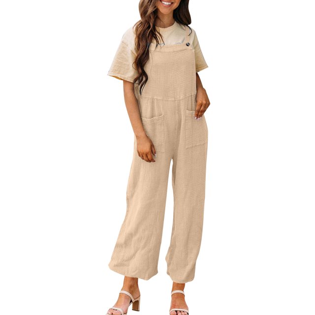 cfhntfmh Overalls for Women with Pockets Sleeveless Adjustable Strap Jumpsuit Loose Wide Leg Long Pants Rompers