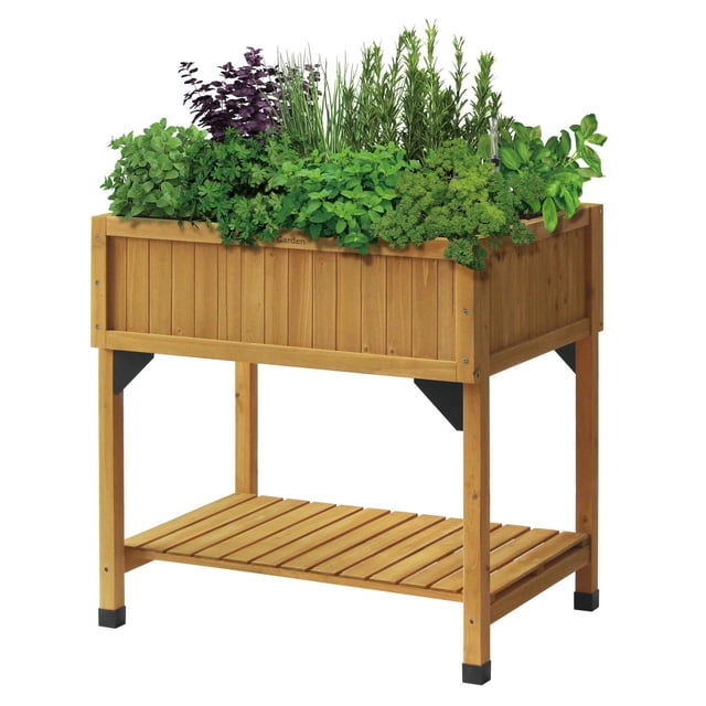 VegTrug Self-Watering Raised Herb Garden Planter made of FSC-certified wood, 31.5 in high, with eight self-watering pockets containing fresh herbs. It features a slatted lower shelf and black corner braces, ideal for ergonomic outdoor gardening on patios or balconies.