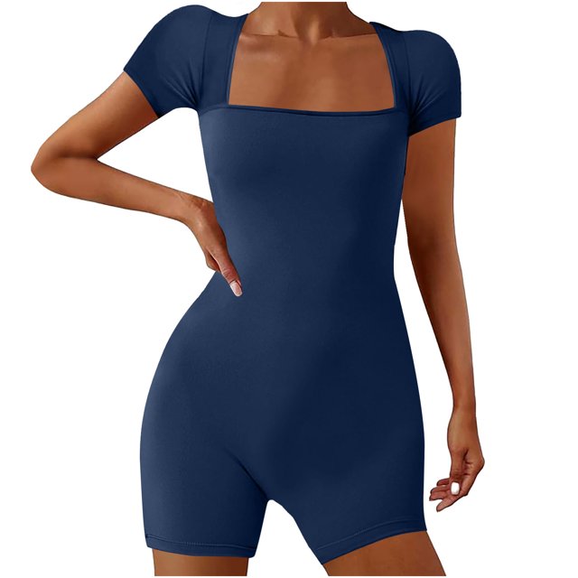 AherBiu Yoga Bodysuits for Women Square Neck Short Sleeve Slim Stretchy Workout Short Jumpsuits Rompers