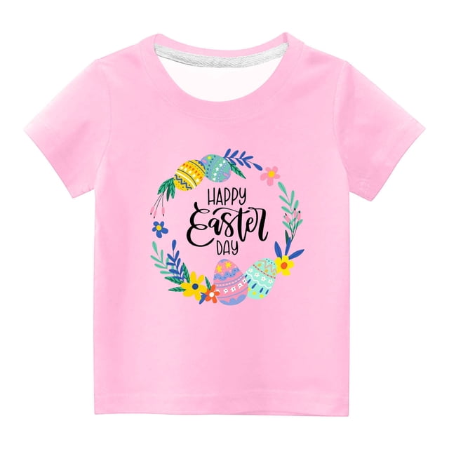 Penkiiy T-Shirts de Pâques pour Enfants Garçons Filles Mode Pâques Mignon Fleur Œufs de Pâques Imprimé Col Rond Manches Courtes 3 Ans Rose