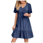 Kyusrd Summer Dresses For Women 2025 Vacation Short Sleeve Elegant Mini Dress High Waist Pleated Summer Casual Dresses Flowy V Neck Beach Dress Ruffle A Line Sun Dresses Women'S Novelty Dresses