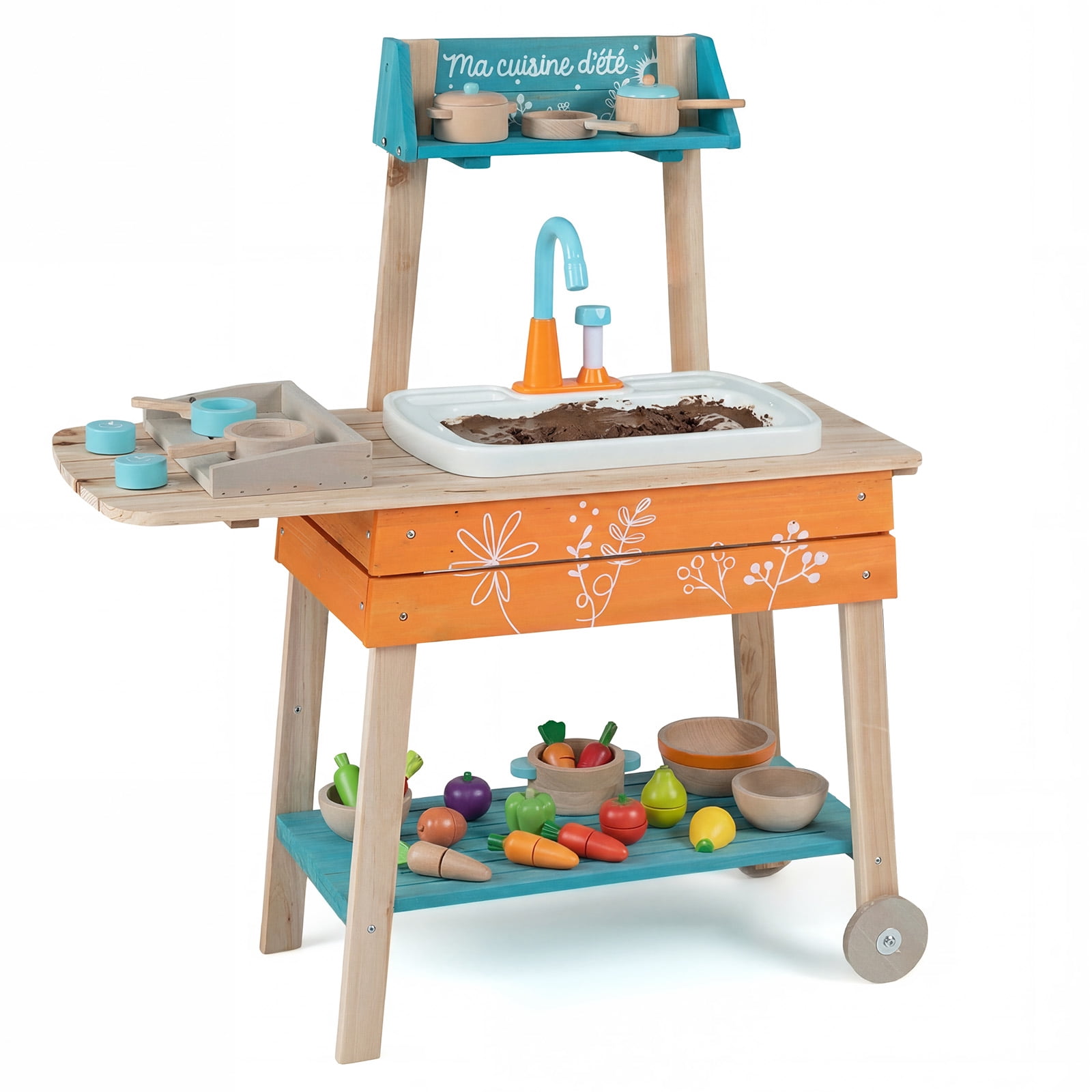 Costway Outdoor Kids Play Kitchen Set, Wooden Toy Kitchen Playset with Removable Sink