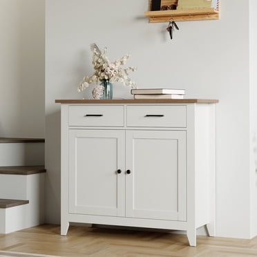 Homfa Entryway Storage Cabinet, Kitchen Sideboard Buffet with 2 Drawers and 2 Doors for Dining Room Living Room, White