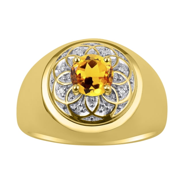 RYLOS Men's Rings 14K Yellow Gold Designer Gypsy 7MM Round Gemstone & Diamond Ring Citrine November Birthstone Size 12