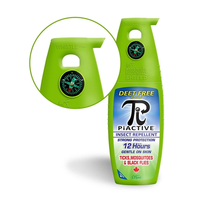 PiACTIVE™ 12-Hour DEET-FREE Insect Repellent Pump Spray, 175ml, in a vibrant green bottle with built-in compass and whistle for emergency use. Designed for pest control, it offers strong protection against ticks, mosquitoes, and black flies with a gentle, non-scented formula. Ideal for outdoor activities like camping and hiking, it includes a carabiner hole for easy attachment to backpacks or belts.