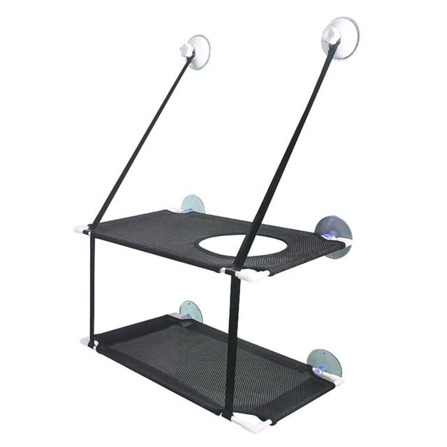 Double Layer Cat Hammock by Zaqw, a piece of cat furniture with hanging installation supported by strong suction cups and sturdy brackets. Made of mesh fabric, this cat window perch features two layers of resting space, ideal for multiple cats to bask in sunlight and enjoy outdoor views. Easy to clean and maintain.
