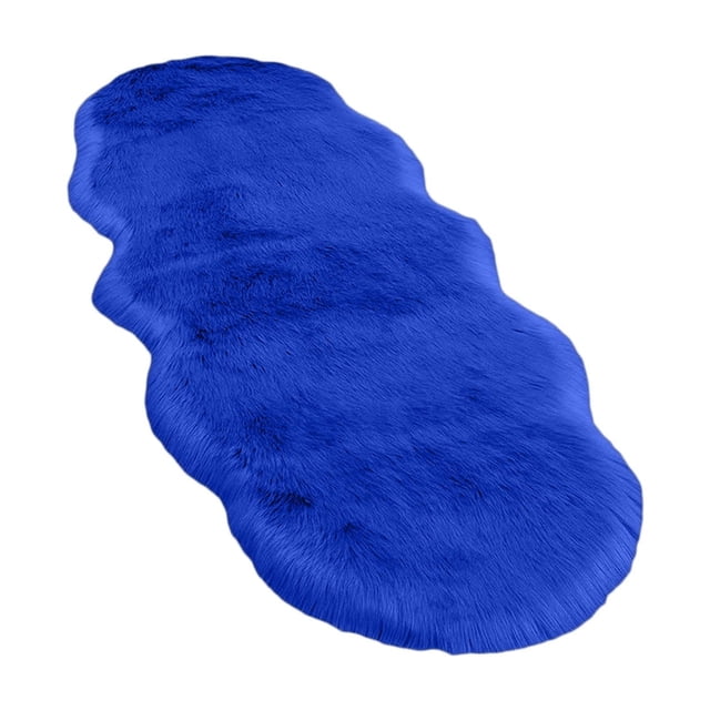 Faux Sheepskin Runner Rug, measuring 15.6x55 inches, in a vibrant blue color. This high-pile, soft plush fuzzy rug features a long plush velvet fleece material with a modern design. The rug is suitable for bedrooms, living rooms, and home decor, offering a fluffy and comfortable texture. It includes a non-slip latex backing for stability and is washable for easy maintenance.