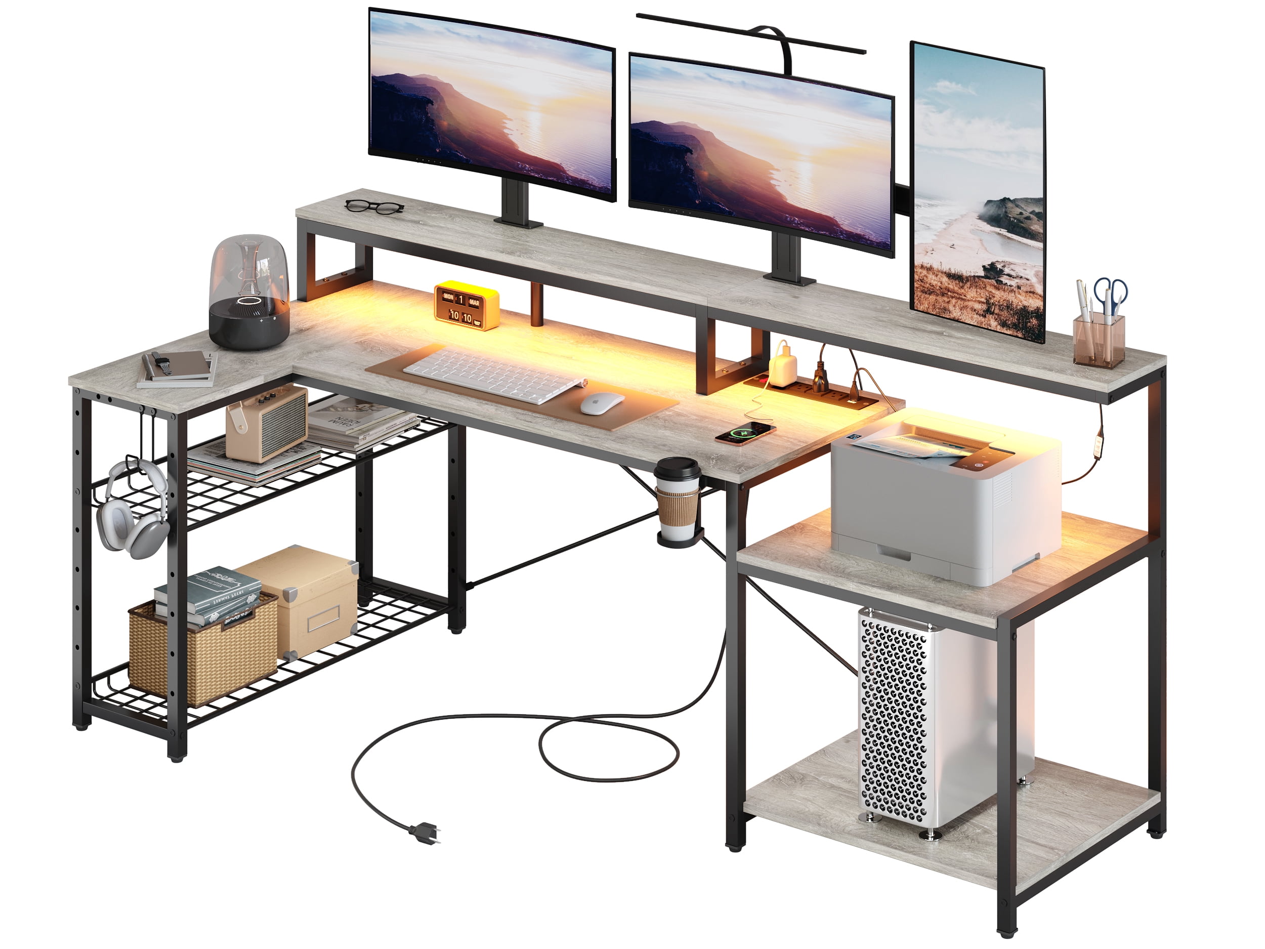 Bestier 71 inch L-Shaped Gaming Desk with Power Outlets LED Computer Office Table with Monitor Stand & Storage Shelf in Grey