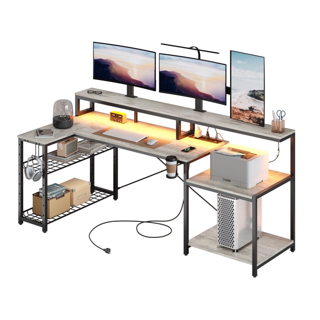 Bestier 71 inch L-Shaped Gaming Desk with Power Outlets LED Computer Office Table with Monitor Stand & Storage Shelf in Grey
