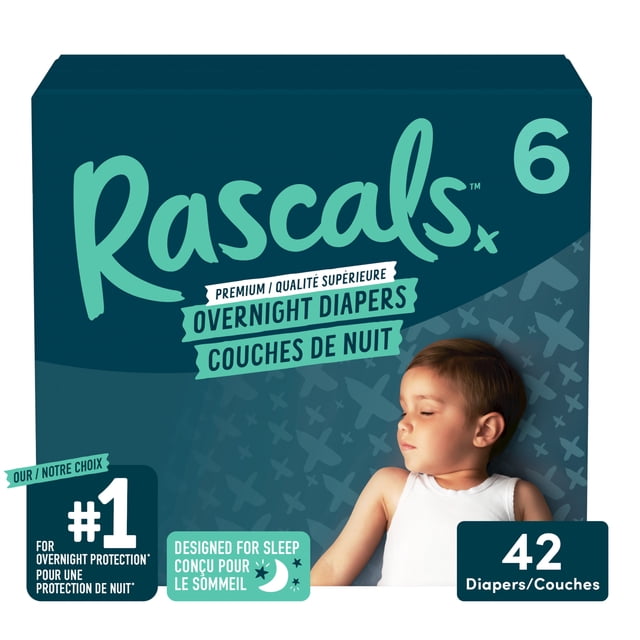Rascals Overnight Absorbent Baby Diapers size 6 package containing 42 diapers, designed for sleep with advanced overnight protection, breathable materials, and bilingual English-French text on a dark teal box.
