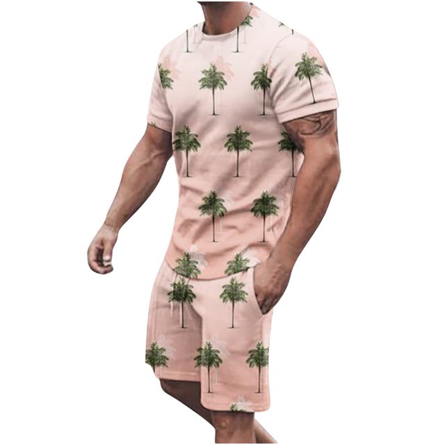 Mikilon Mens Trendy Outfits 2-Piece Set Hawaiian Print Short Sleeve Elasticized Shorts Casual Two Piece Set Pink M