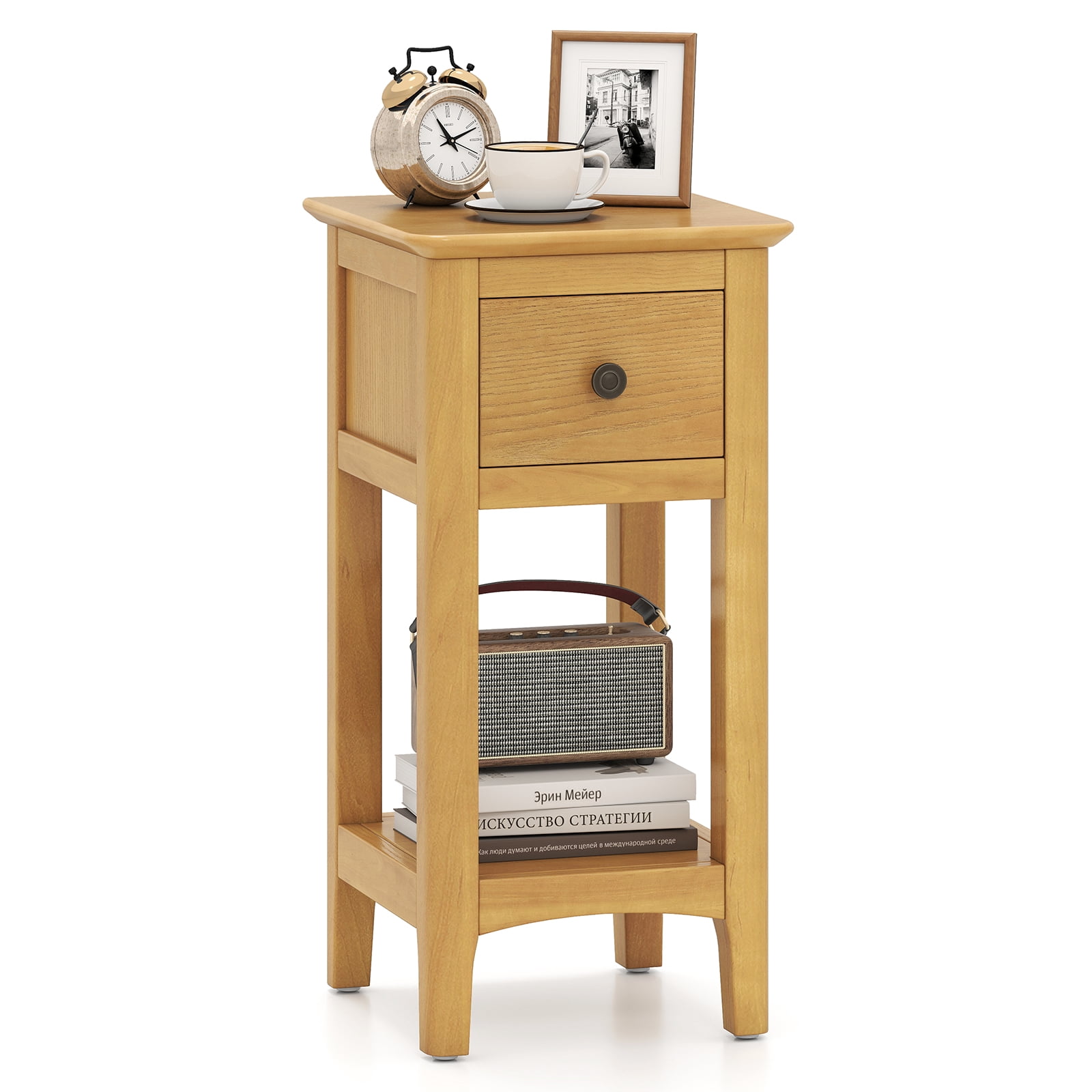 Gymax Nightstand 3-Tier Bedside Table w/ Open Storage Shelf & Narrow Side Table Natural