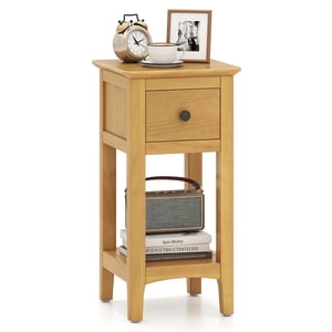 Gymax Nightstand 3-Tier Bedside Table w/ Open Storage Shelf & Narrow Side Table Natural