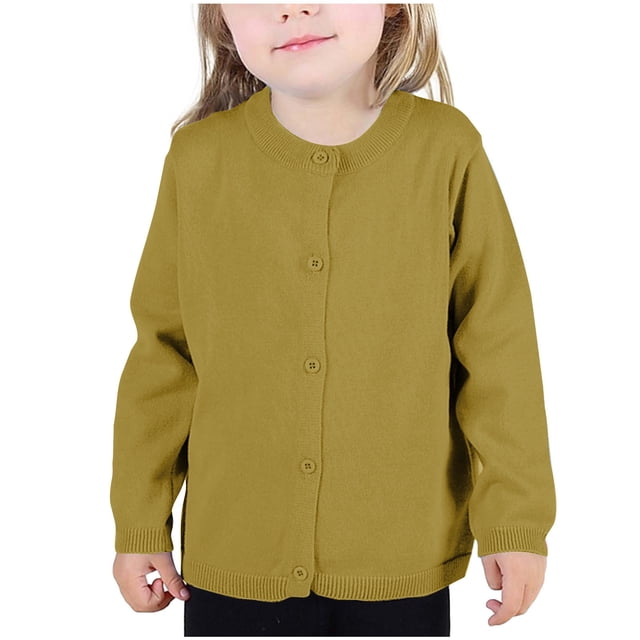 Fall Saving! HVOBTTY Girls Long Sleeve Open Front Cardigan, Girls Crewneck Cardigan Solid Long Sleeve Button Sweater Uniform Sweaters for Little Girls Yellow, 12 Months