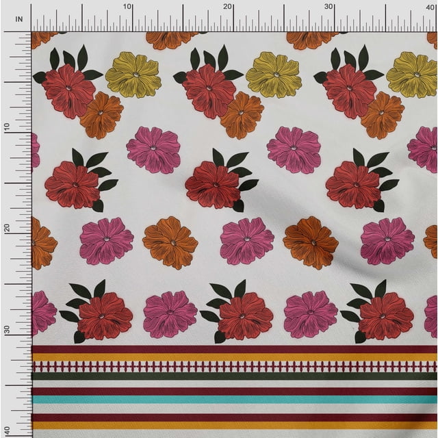 oneOone Tissu Georgette Viscose à Rayures et Panneaux Floraux, Largeur 42 Pouces