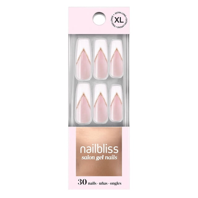 DASHING DIVA - GEL NAIL - FRENCH ROYALE showing extra long gel false nails with a soft pink base and clear tips, each featuring a gold glitter V-shaped accent near the tip, packaged in a pink and clear box labeled nailbliss salon gel nails with 30 nails included, ideal for easy application and chip-resistant wear.