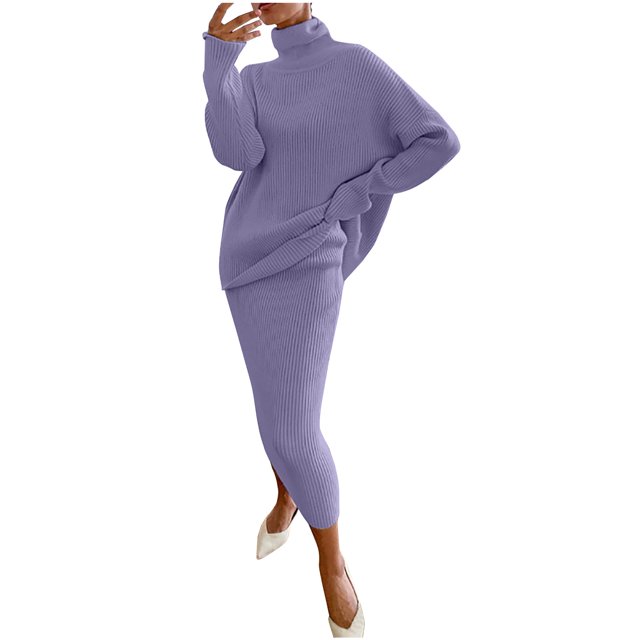 KIHOUT Womens 2 Piece Outfits Solid Color Long Sleeve Loose High Neck Sweater Tops and Skirt Lounge Set