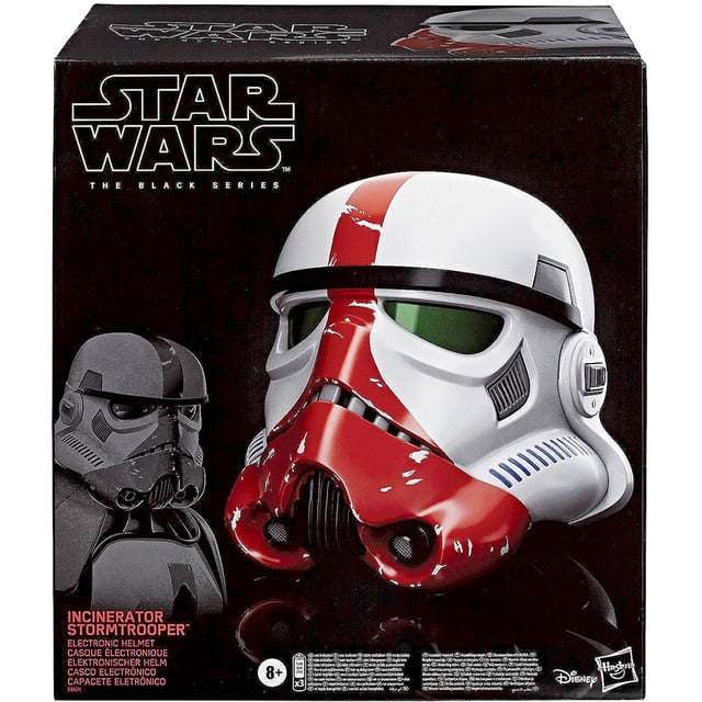 Star Wars The Black Series Casque Grandeur Nature Casque Électronique - Casque d'Incinérateur Stormtrooper Réédité en Emballage en Boîte. le Casque Présente un Extérieur Blanc avec des accents Rouges, des Visières Vertes et des Détails Complexes. Conçu par Hasbro, Ce Casque de Collection Comprend des Effets Sonores Précis pour le Jeu, un Protège-Cou et un Ajustement Réglable, le Rendant Idéal pour le Jeu de Rôle Ou l'Exposition comme Accessoire de Figurine d'Action.