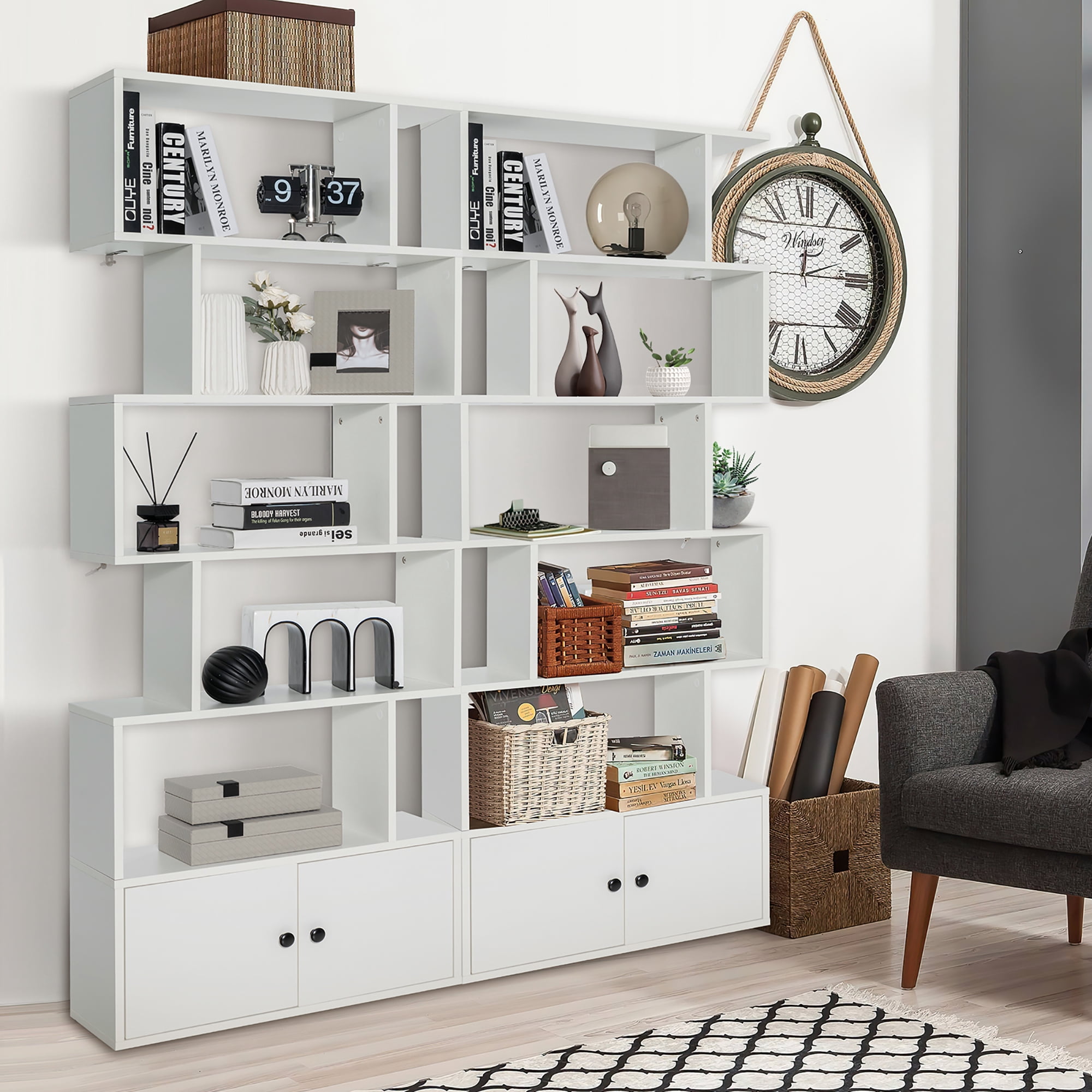 Gymax 2PCS 6-tier Geometric Bookcase S-shaped Z-shelf Bookshelf Cabinet w/ Doors White