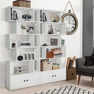 Gymax 2PCS 6-tier Bibliothèque géométrique en forme de S Bibliothèque en Z Cabinet avec portes blanches