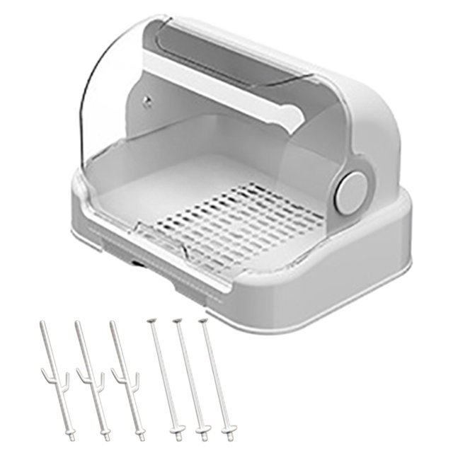 Baby Bottle Drying Rack with a protective cover, featuring a compact design and a removable drip tray for easy water disposal. Includes six detachable stands for organizing bottles, teats, and accessories. Made of durable material, this lightweight and foldable dish rack measures 31.5 x 25.5 x 25 cm and is suitable for kitchen organization.