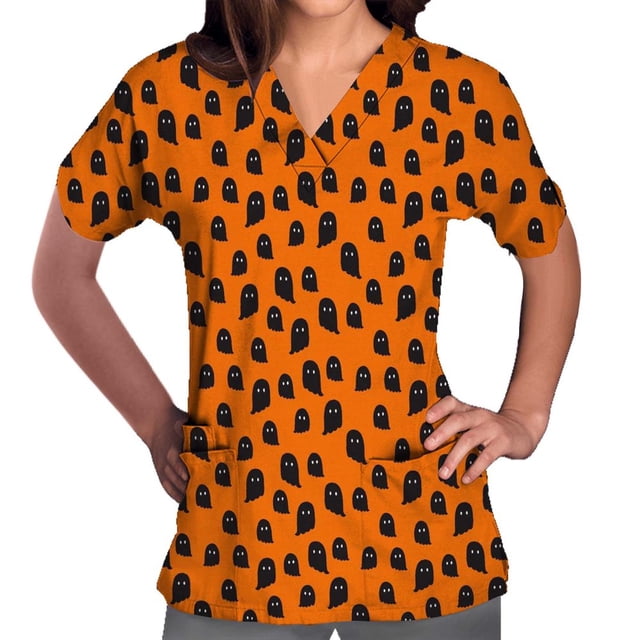 Womens Scrubs Tops Short Sleeve V-neck Tops Uniform Printed Pockets Blouse Nursing Clearance