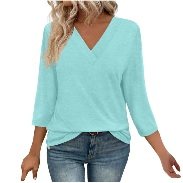 Plebaso Chemises à Manches 3/4 pour Femmes, Col en V, Tuniques Décontractées, Hauts Unis, Blouses Amples pour Dames