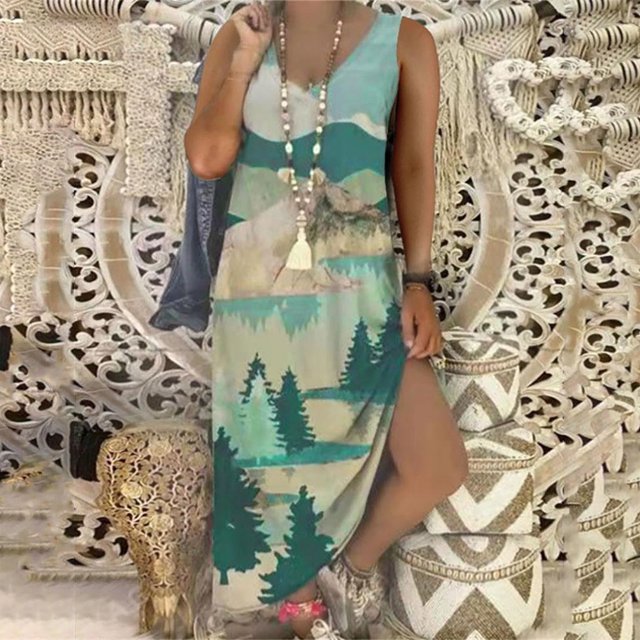 Lenago Robes de Mariée Grande Taille pour Mariée Femmes Décontractées Grande Taille Imprimé Col en V Poches Sans Manches Maxi Longue Robe Robes d'Été de Plage en Liquidation