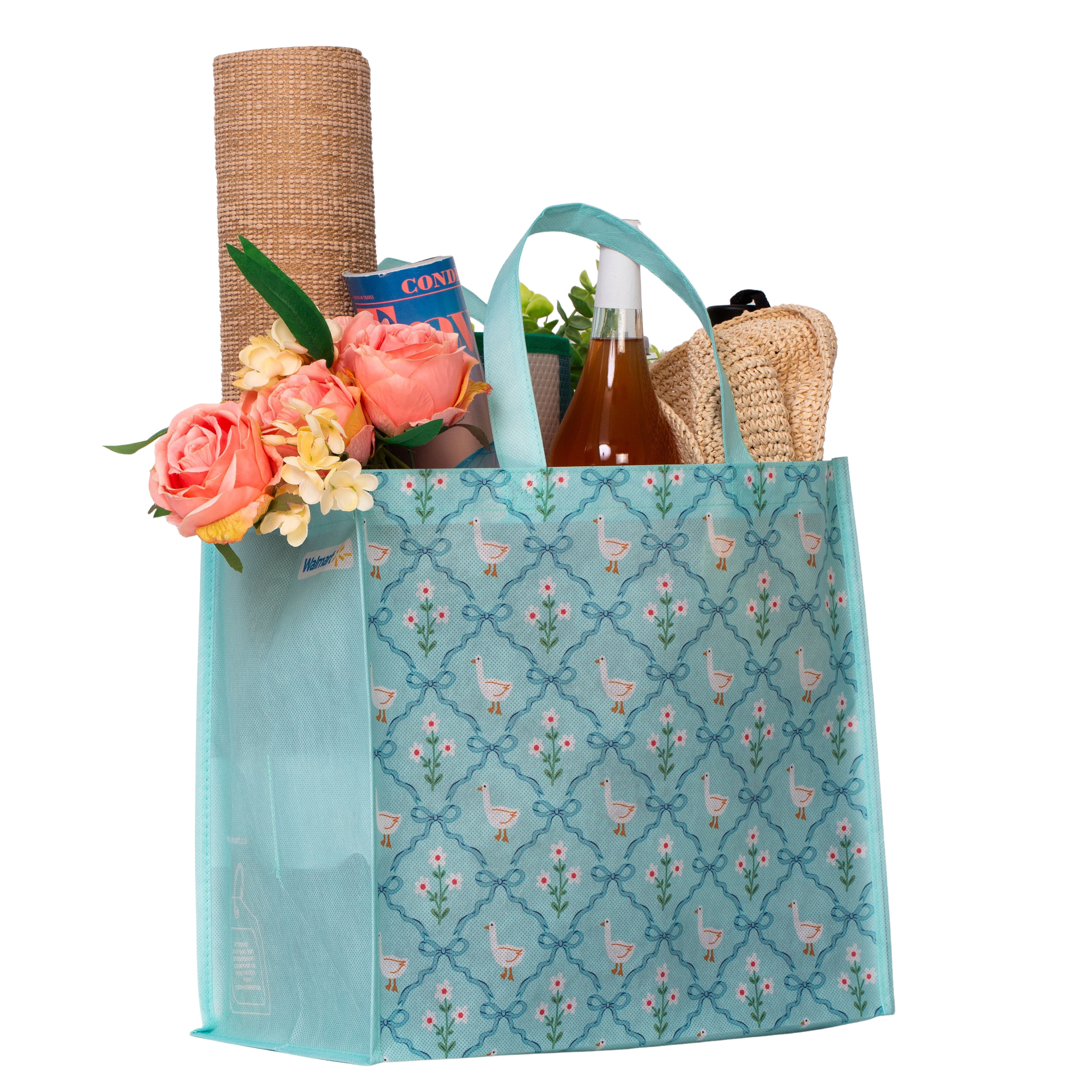 Sac De Courses Réutilisable Sur Le Thème Du Printemps Avec Porte-Bouteille – Sac À Provisions Avec Poignées Réutilisable, Sac d’épicerie Multifonction