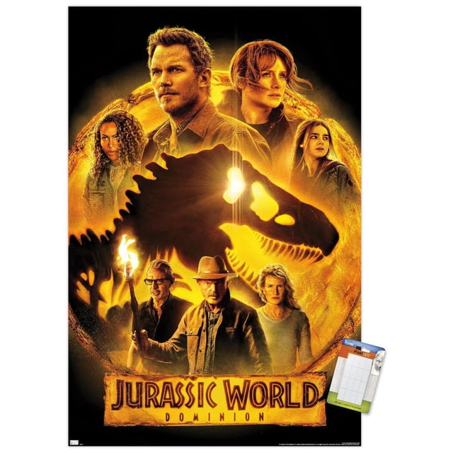 Monde Jurassique : Dominion - Affiche Murale de Groupe un, 14,725 Pouces x 22,375 Pouces Encadrée, Représentant une silhouette de Squelette T-Rex Noire sur un Fond Circulaire orange Lumineux avec Sept Personnages Arrangés Autour, l'Un Tenant une Torche, Vêtu de Vêtements Décontractés et d'Extérieur, avec le Titre du Film en Audacieux au Bas, Idéal pour la Déco de la Maison Ou une Utilisation Lors de Fêtes à Thème.