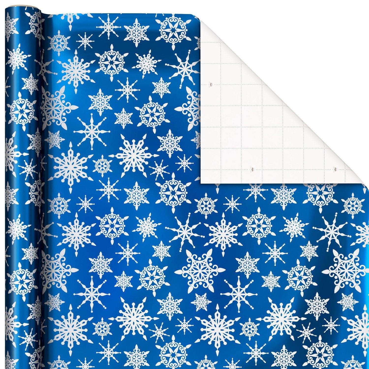 Papier d'emballage Hallmark de Noël, bleu métallisé, avec lignes de découpage au verso (3 rouleaux : 60 pieds carrés au total), bonshommes de neige, flocons de neige, sapins de Noël